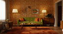 Living room featuring Mid Century Furniture with green sofa, wooden coffee table, and retro wallpaper with orange tones