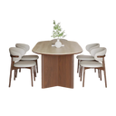 Modern dining sets featuring a wooden table with six cushioned white chairs and a decorative centerpiece