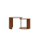 Modern wooden sofa and side tables with round tops and sleek design in warm brown finish