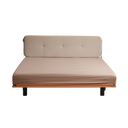 Born in Colour bedframe with beige cushioned headboard and wooden base in minimalist design