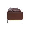 Side view of a brown leather sofa by CODA with cushioned armrests and wooden legs