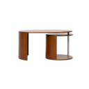 Born in Colour modern wooden coffee table with curved design and dual-level surfaces in warm brown finish