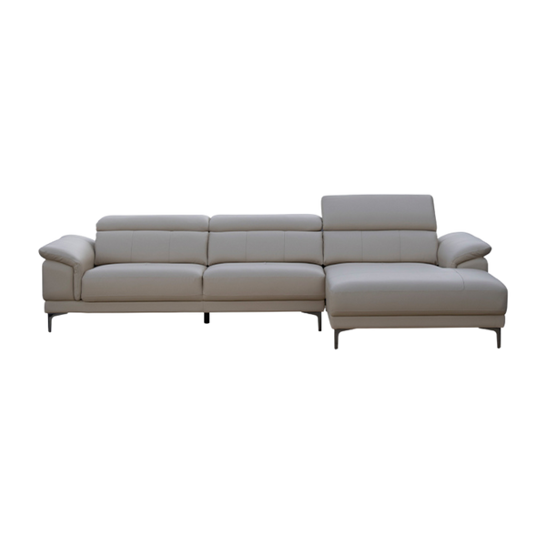 CODA L Shape Sofa in light grey leather with adjustable headrests and modern metal legs