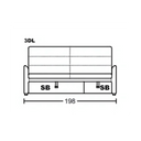 Technical drawing of Giormani sofa bed showing front view with dimensions and sofa bed storage compartments