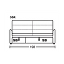 Giormani black and white diagram of sofa bed with dimensions and labelled storage compartments