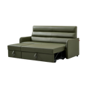 Giormani olive green leather sofa bed with padded backrest and armrests in extended position