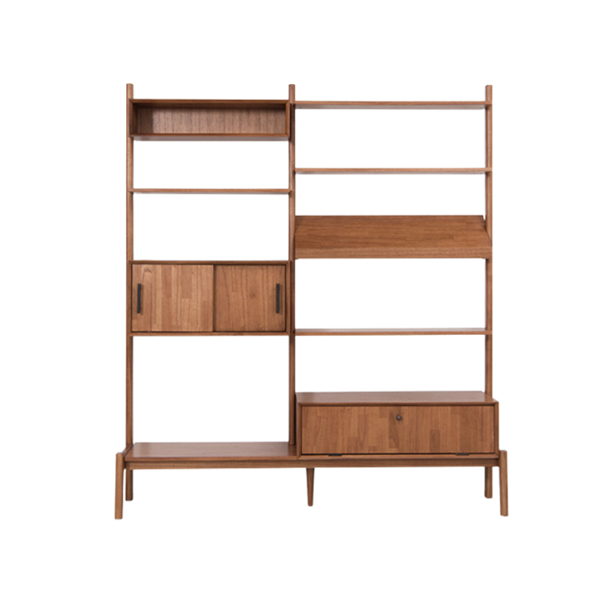 Born in Colour wooden wall cabinet with open shelves and closed storage compartments in natural finish