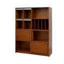 Born in Colour wooden cabinet with multiple open shelves and sliding doors in a warm finish