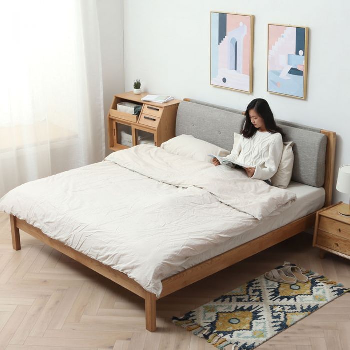 Guri Oak Scandinavian Solid Wood, Wood Bed Frame With Fabric Headboard