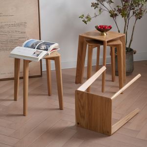 Guri Oak Scandinavian Solid Wood Stackable Dining Stool (Set of 4pcs)