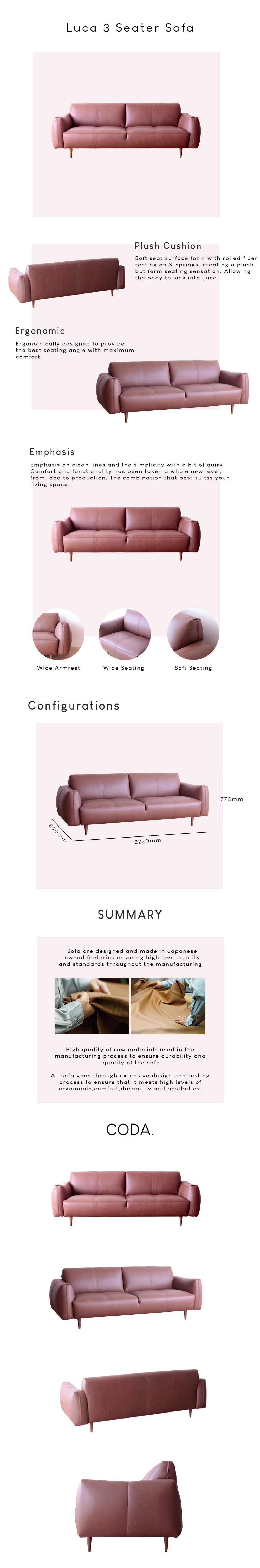 luca 3 seater fabric sofa details