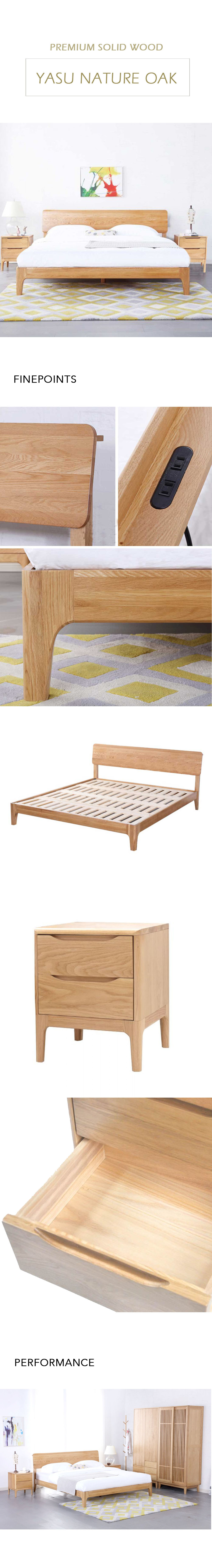 Yasu Nature Solid Oak Smart Bed Frame and 2 Minimalist Bedside Tables Set