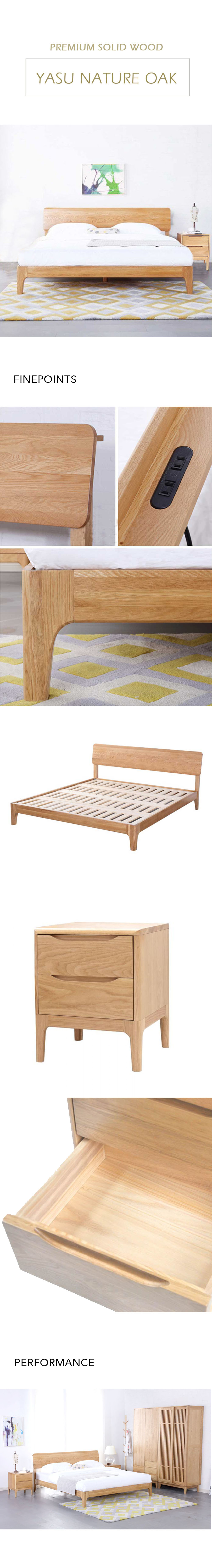 Yasu Nature Solid Oak Smart Bed Frame (King) and Minimalist Bedside Table Set